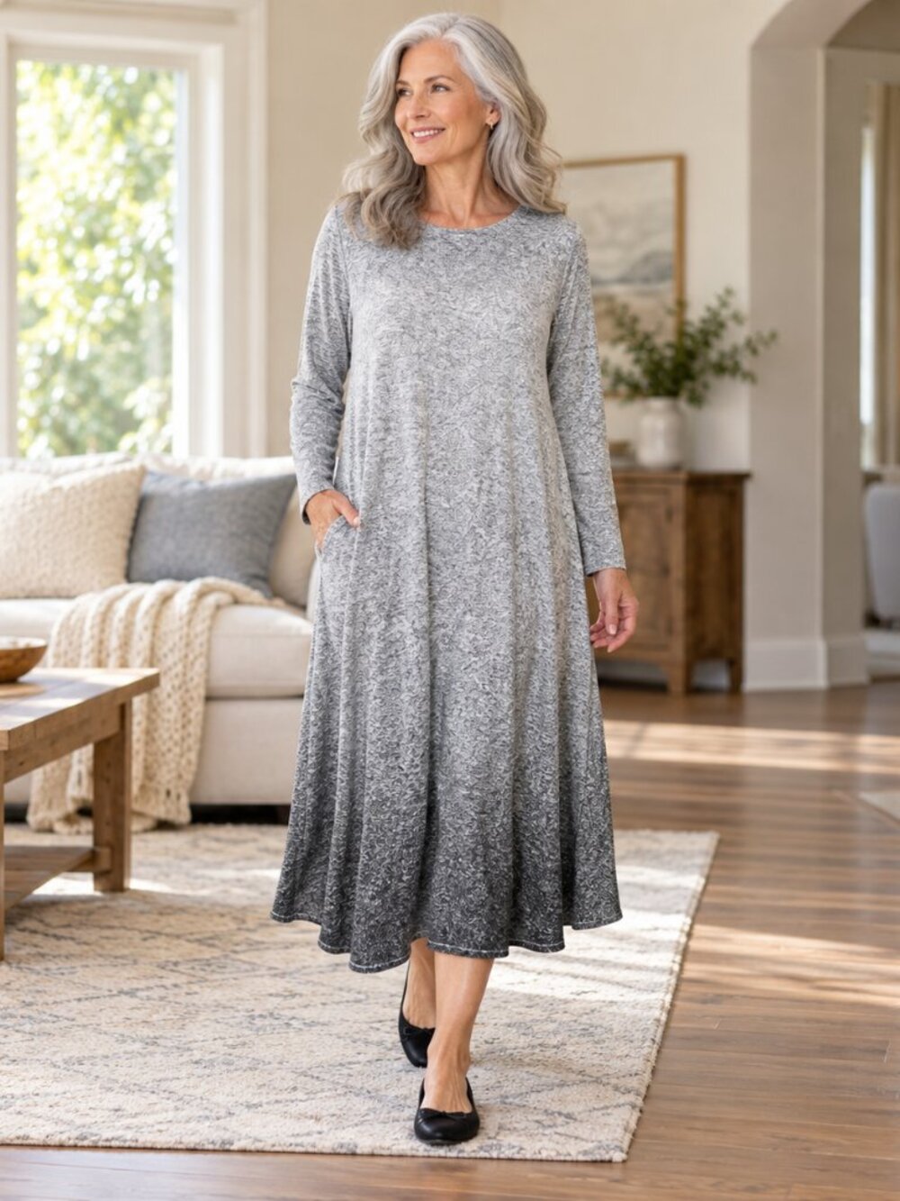 Chi Chi Women's Trapeese Long Sleeve Dress XL Midi Grey Side Pockets Pre-Owned
